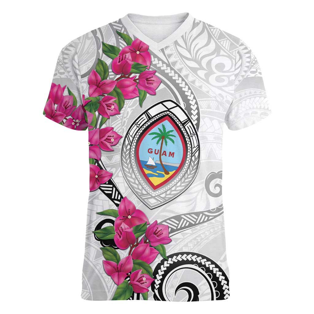 Guam Chamorro Women V-Neck T-Shirt Curves Polynesian Tattoo Mix Bougainvillea LT05 Female White - Polynesian Pride