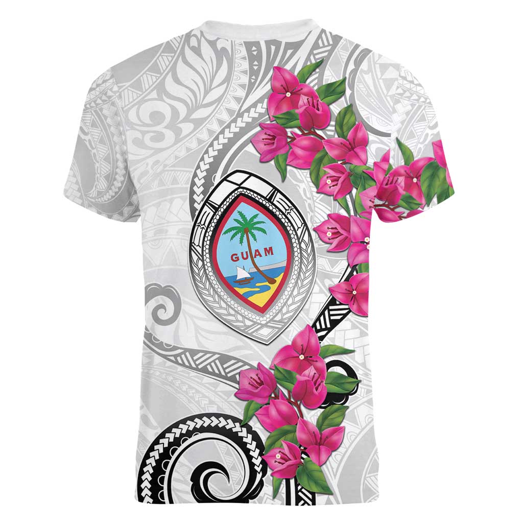 Guam Chamorro Women V-Neck T-Shirt Curves Polynesian Tattoo Mix Bougainvillea LT05 - Polynesian Pride
