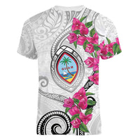 Guam Chamorro Women V-Neck T-Shirt Curves Polynesian Tattoo Mix Bougainvillea LT05 - Polynesian Pride