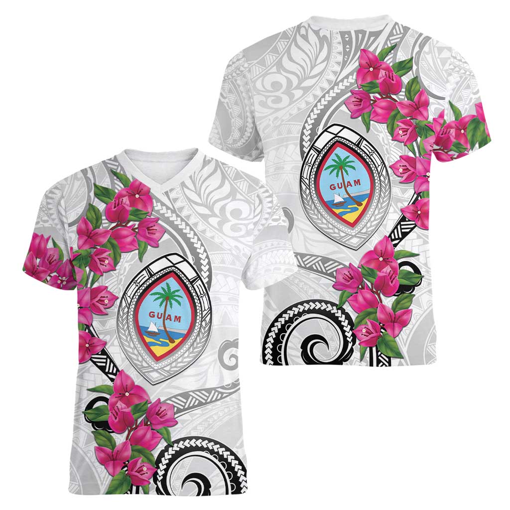 Guam Chamorro Women V-Neck T-Shirt Curves Polynesian Tattoo Mix Bougainvillea LT05 - Polynesian Pride