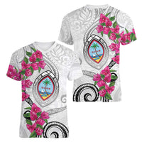 Guam Chamorro Women V-Neck T-Shirt Curves Polynesian Tattoo Mix Bougainvillea LT05 - Polynesian Pride