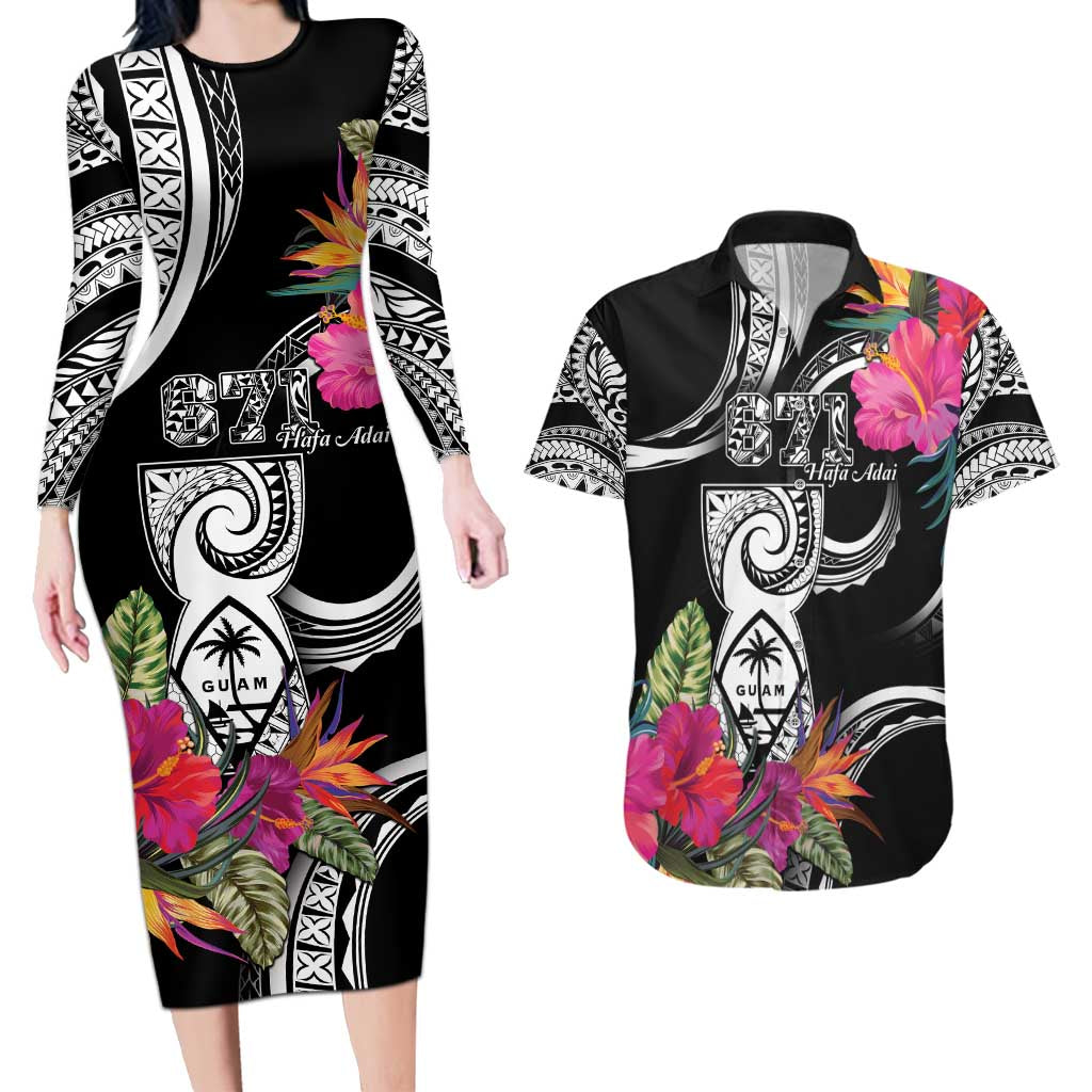 Hafa Adai Guam Couples Matching Long Sleeve Bodycon Dress and Hawaiian Shirt Polynesian Tattoo Tropical Flowers LT05 Black - Polynesian Pride