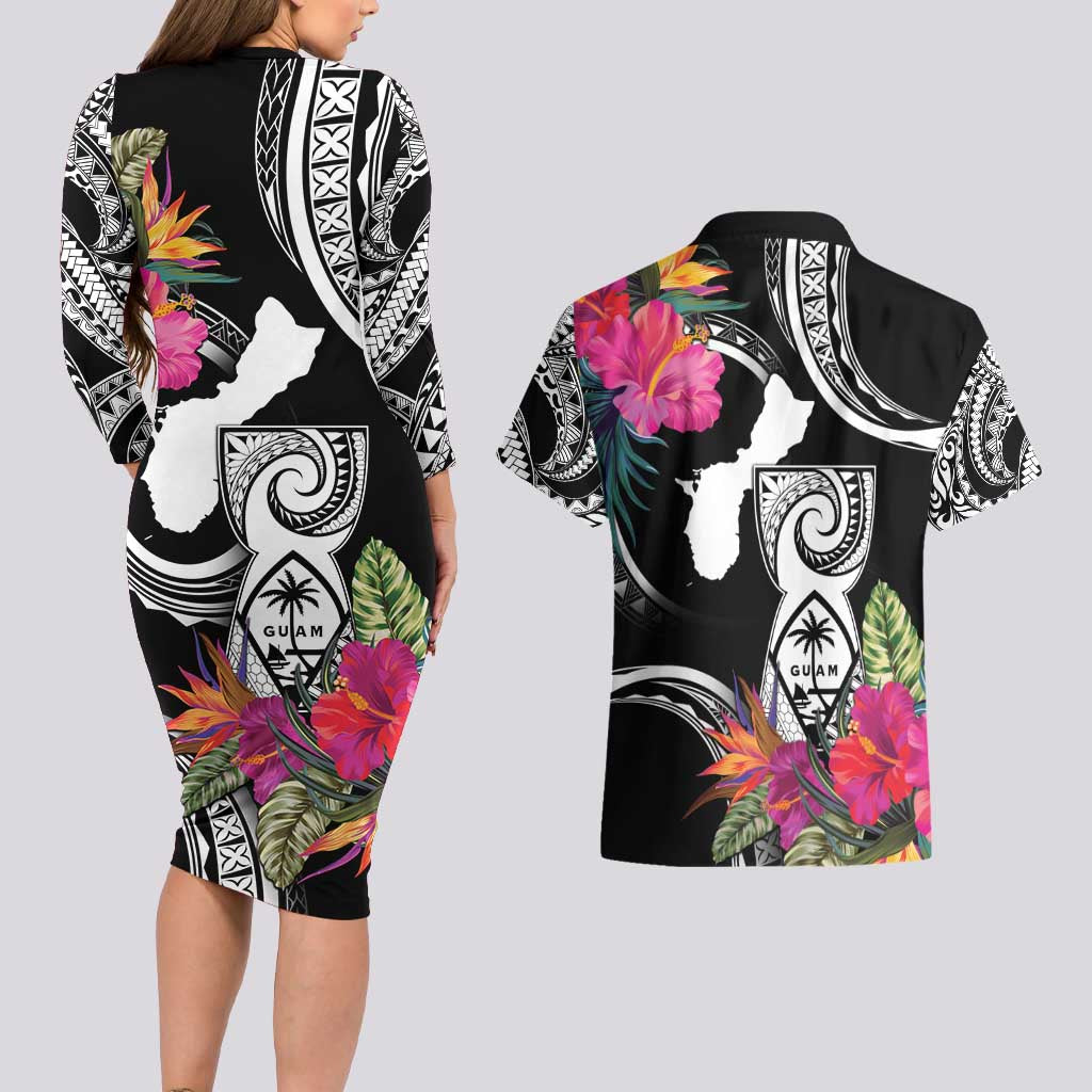 Hafa Adai Guam Couples Matching Long Sleeve Bodycon Dress and Hawaiian Shirt Polynesian Tattoo Tropical Flowers LT05 - Polynesian Pride
