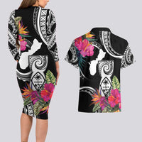 Hafa Adai Guam Couples Matching Long Sleeve Bodycon Dress and Hawaiian Shirt Polynesian Tattoo Tropical Flowers LT05 - Polynesian Pride