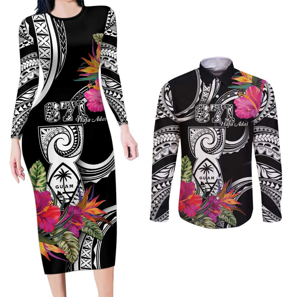 Hafa Adai Guam Couples Matching Long Sleeve Bodycon Dress and Long Sleeve Button Shirt Polynesian Tattoo Tropical Flowers LT05 Black - Polynesian Pride