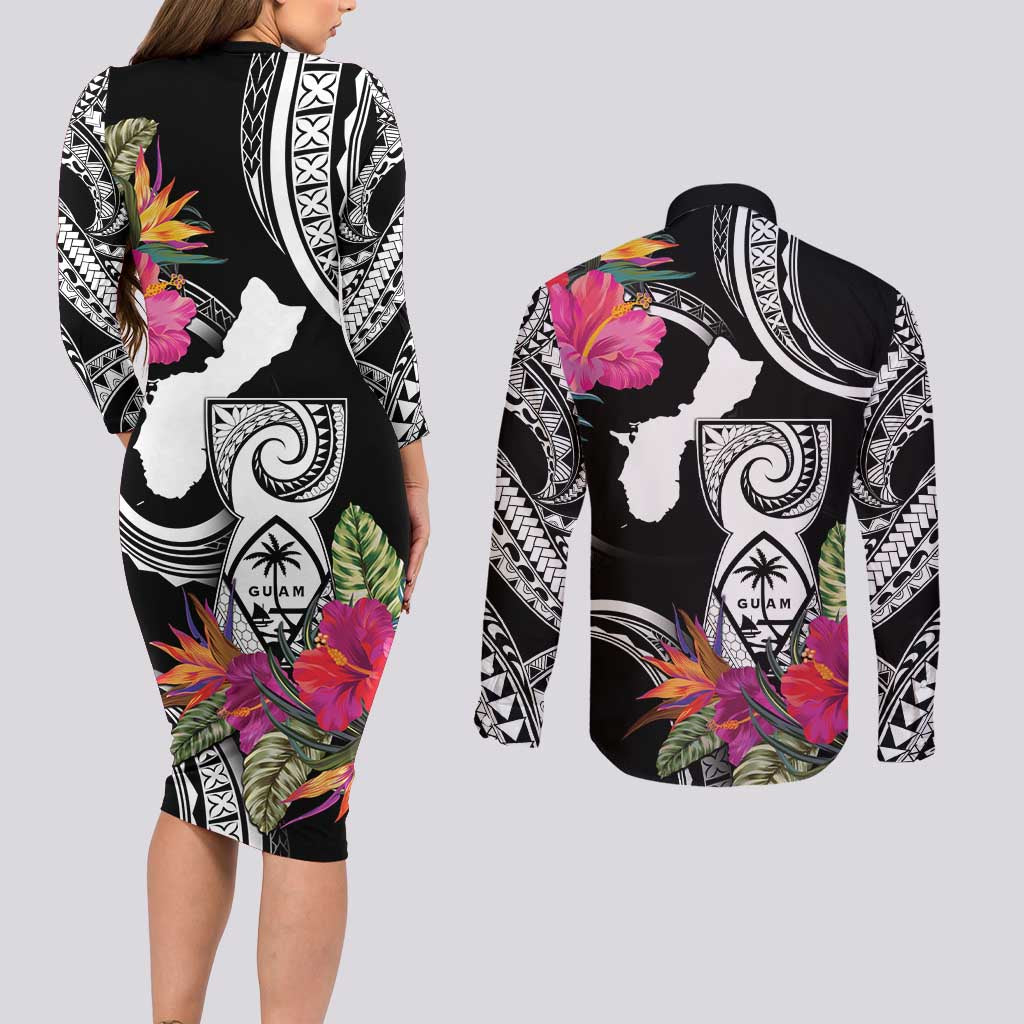Hafa Adai Guam Couples Matching Long Sleeve Bodycon Dress and Long Sleeve Button Shirt Polynesian Tattoo Tropical Flowers LT05 - Polynesian Pride