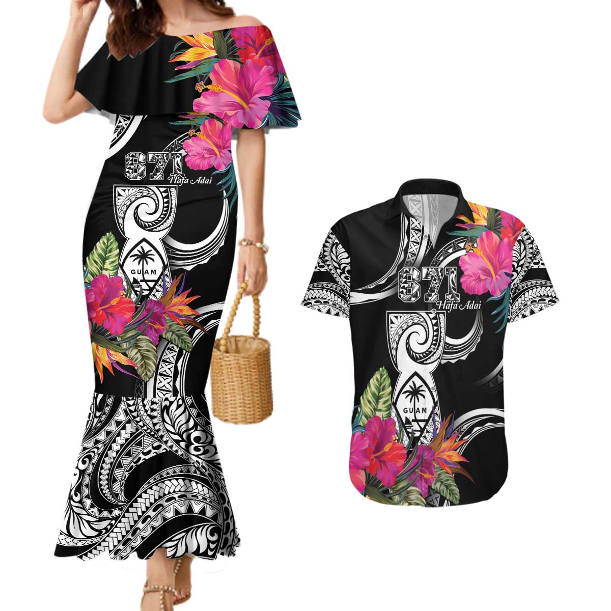 Hafa Adai Guam Couples Matching Mermaid Dress and Hawaiian Shirt Polynesian Tattoo Tropical Flowers LT05 Black - Polynesian Pride