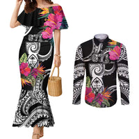 Hafa Adai Guam Couples Matching Mermaid Dress and Long Sleeve Button Shirt Polynesian Tattoo Tropical Flowers LT05 Black - Polynesian Pride