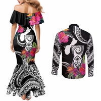 Hafa Adai Guam Couples Matching Mermaid Dress and Long Sleeve Button Shirt Polynesian Tattoo Tropical Flowers LT05 - Polynesian Pride