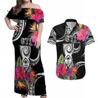 Hafa Adai Guam Couples Matching Off Shoulder Maxi Dress and Hawaiian Shirt Polynesian Tattoo Tropical Flowers LT05 Black - Polynesian Pride