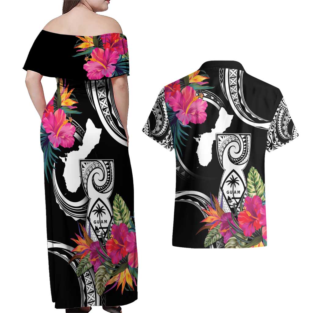Hafa Adai Guam Couples Matching Off Shoulder Maxi Dress and Hawaiian Shirt Polynesian Tattoo Tropical Flowers LT05 - Polynesian Pride