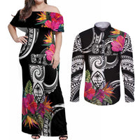 Hafa Adai Guam Couples Matching Off Shoulder Maxi Dress and Long Sleeve Button Shirt Polynesian Tattoo Tropical Flowers LT05 Black - Polynesian Pride
