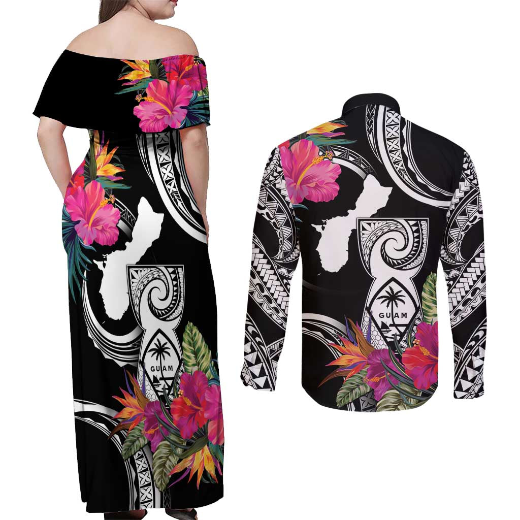 Hafa Adai Guam Couples Matching Off Shoulder Maxi Dress and Long Sleeve Button Shirt Polynesian Tattoo Tropical Flowers LT05 - Polynesian Pride