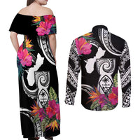 Hafa Adai Guam Couples Matching Off Shoulder Maxi Dress and Long Sleeve Button Shirt Polynesian Tattoo Tropical Flowers LT05 - Polynesian Pride