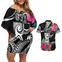 Hafa Adai Guam Couples Matching Off Shoulder Short Dress and Hawaiian Shirt Polynesian Tattoo Tropical Flowers LT05 Black - Polynesian Pride