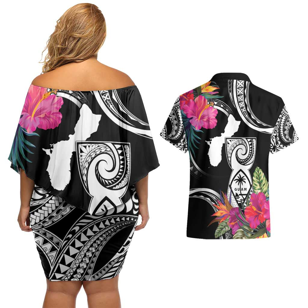 Hafa Adai Guam Couples Matching Off Shoulder Short Dress and Hawaiian Shirt Polynesian Tattoo Tropical Flowers LT05 - Polynesian Pride