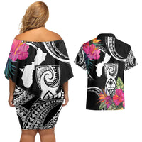 Hafa Adai Guam Couples Matching Off Shoulder Short Dress and Hawaiian Shirt Polynesian Tattoo Tropical Flowers LT05 - Polynesian Pride