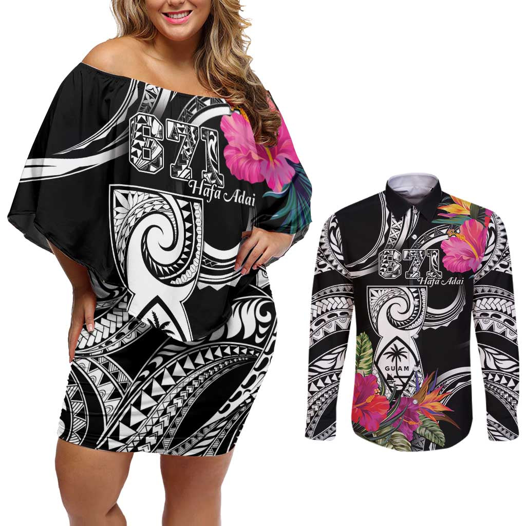 Hafa Adai Guam Couples Matching Off Shoulder Short Dress and Long Sleeve Button Shirt Polynesian Tattoo Tropical Flowers LT05 Black - Polynesian Pride