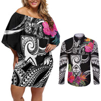 Hafa Adai Guam Couples Matching Off Shoulder Short Dress and Long Sleeve Button Shirt Polynesian Tattoo Tropical Flowers LT05 Black - Polynesian Pride
