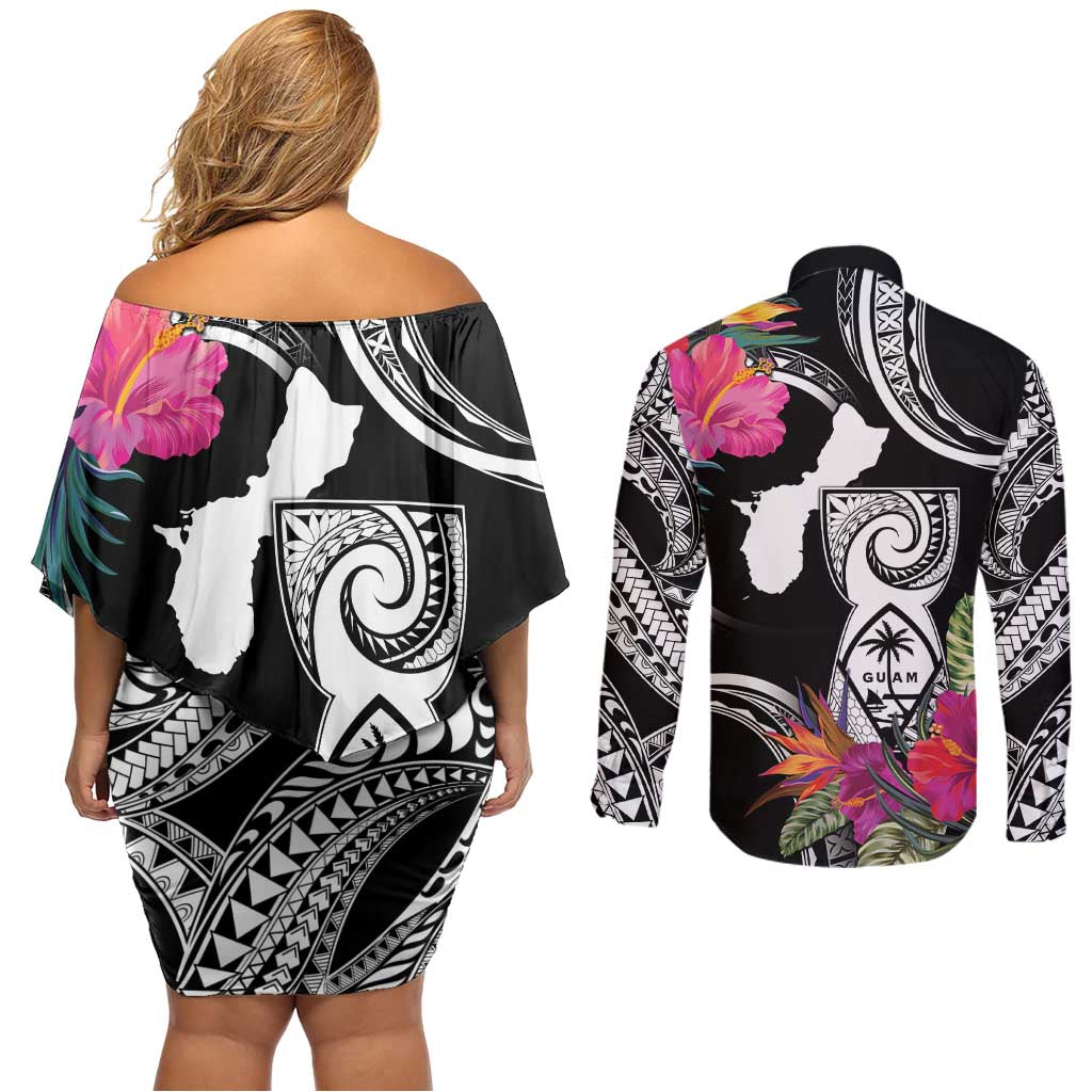 Hafa Adai Guam Couples Matching Off Shoulder Short Dress and Long Sleeve Button Shirt Polynesian Tattoo Tropical Flowers LT05 - Polynesian Pride