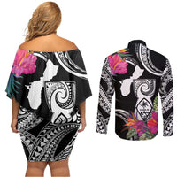 Hafa Adai Guam Couples Matching Off Shoulder Short Dress and Long Sleeve Button Shirt Polynesian Tattoo Tropical Flowers LT05 - Polynesian Pride