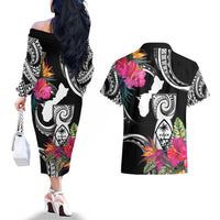 Hafa Adai Guam Couples Matching Off The Shoulder Long Sleeve Dress and Hawaiian Shirt Polynesian Tattoo Tropical Flowers LT05 - Polynesian Pride