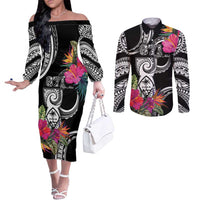 Hafa Adai Guam Couples Matching Off The Shoulder Long Sleeve Dress and Long Sleeve Button Shirt Polynesian Tattoo Tropical Flowers LT05 Black - Polynesian Pride