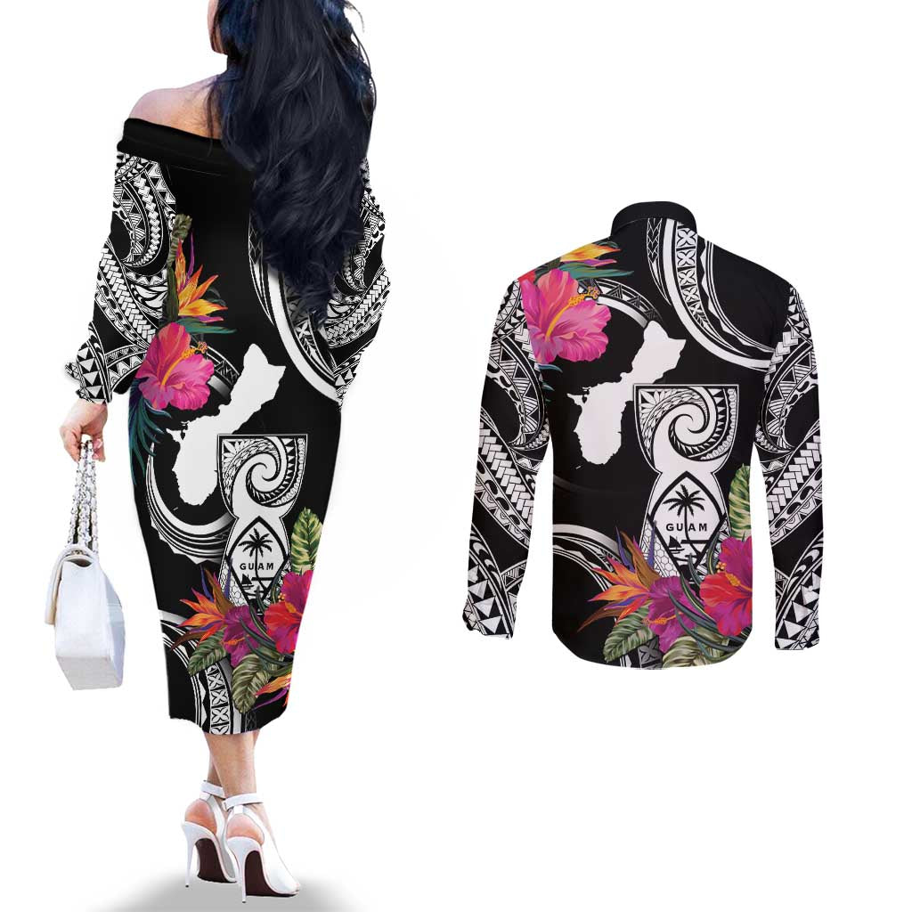 Hafa Adai Guam Couples Matching Off The Shoulder Long Sleeve Dress and Long Sleeve Button Shirt Polynesian Tattoo Tropical Flowers LT05 - Polynesian Pride