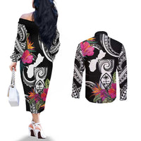 Hafa Adai Guam Couples Matching Off The Shoulder Long Sleeve Dress and Long Sleeve Button Shirt Polynesian Tattoo Tropical Flowers LT05 - Polynesian Pride
