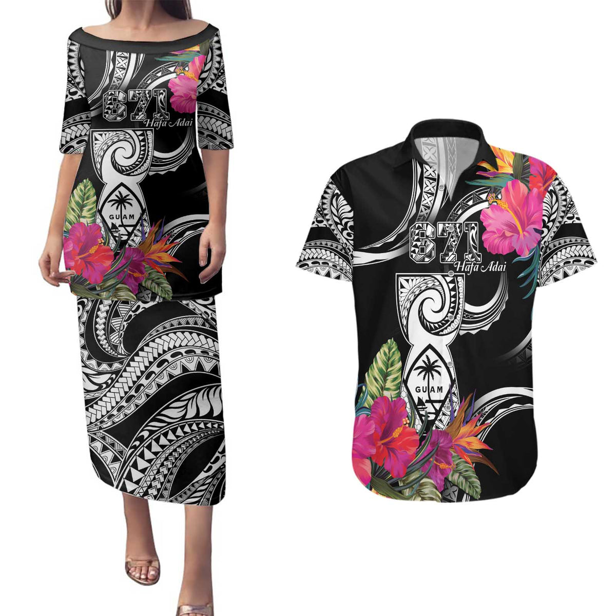 Hafa Adai Guam Couples Matching Puletasi and Hawaiian Shirt Polynesian Tattoo Tropical Flowers LT05 Black - Polynesian Pride