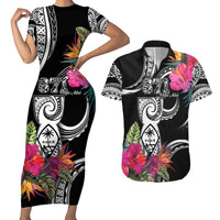 Hafa Adai Guam Couples Matching Short Sleeve Bodycon Dress and Hawaiian Shirt Polynesian Tattoo Tropical Flowers LT05 Black - Polynesian Pride