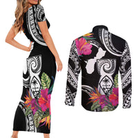Hafa Adai Guam Couples Matching Short Sleeve Bodycon Dress and Long Sleeve Button Shirt Polynesian Tattoo Tropical Flowers LT05 - Polynesian Pride