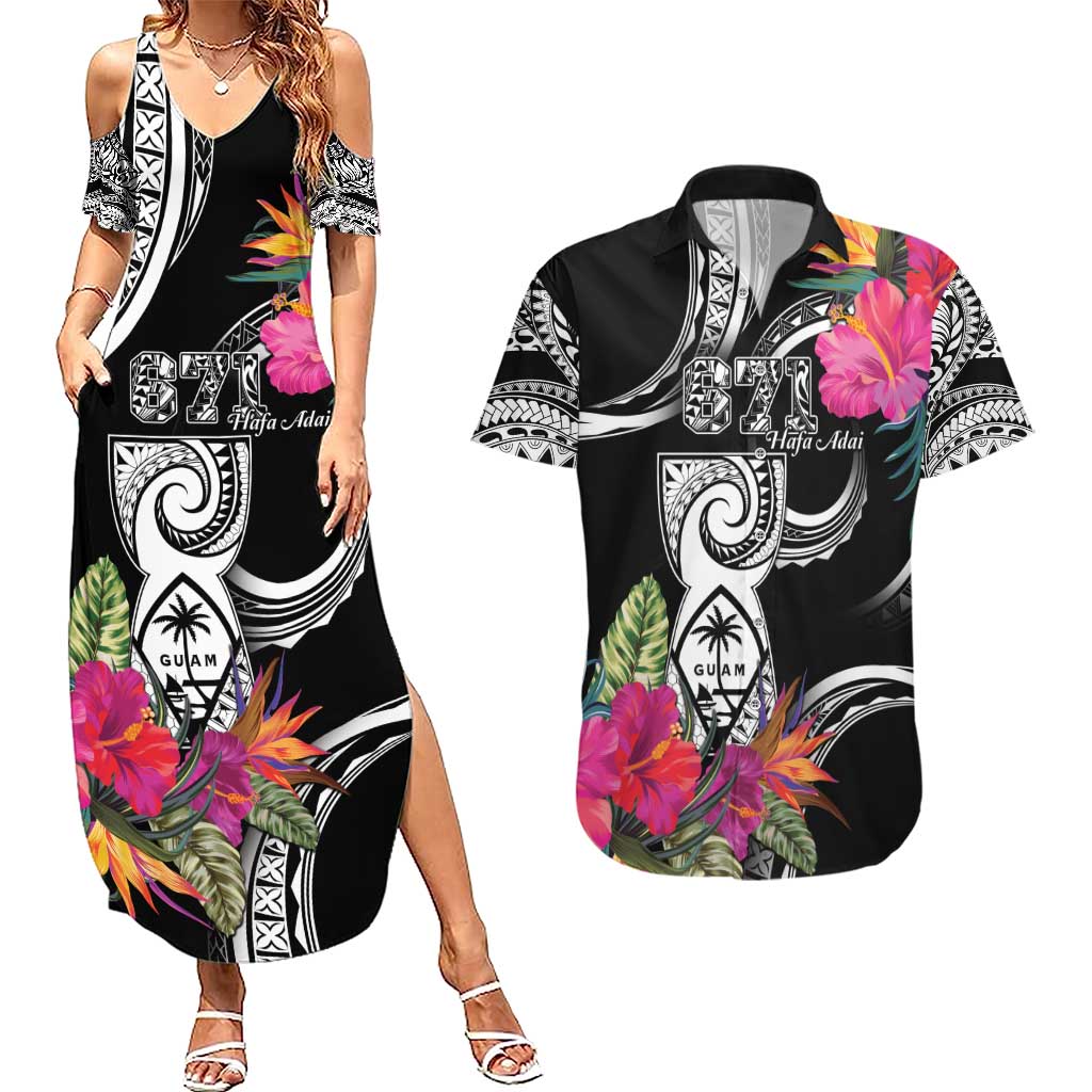 Hafa Adai Guam Couples Matching Summer Maxi Dress and Hawaiian Shirt Polynesian Tattoo Tropical Flowers LT05 Black - Polynesian Pride