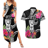 Hafa Adai Guam Couples Matching Summer Maxi Dress and Hawaiian Shirt Polynesian Tattoo Tropical Flowers LT05 Black - Polynesian Pride