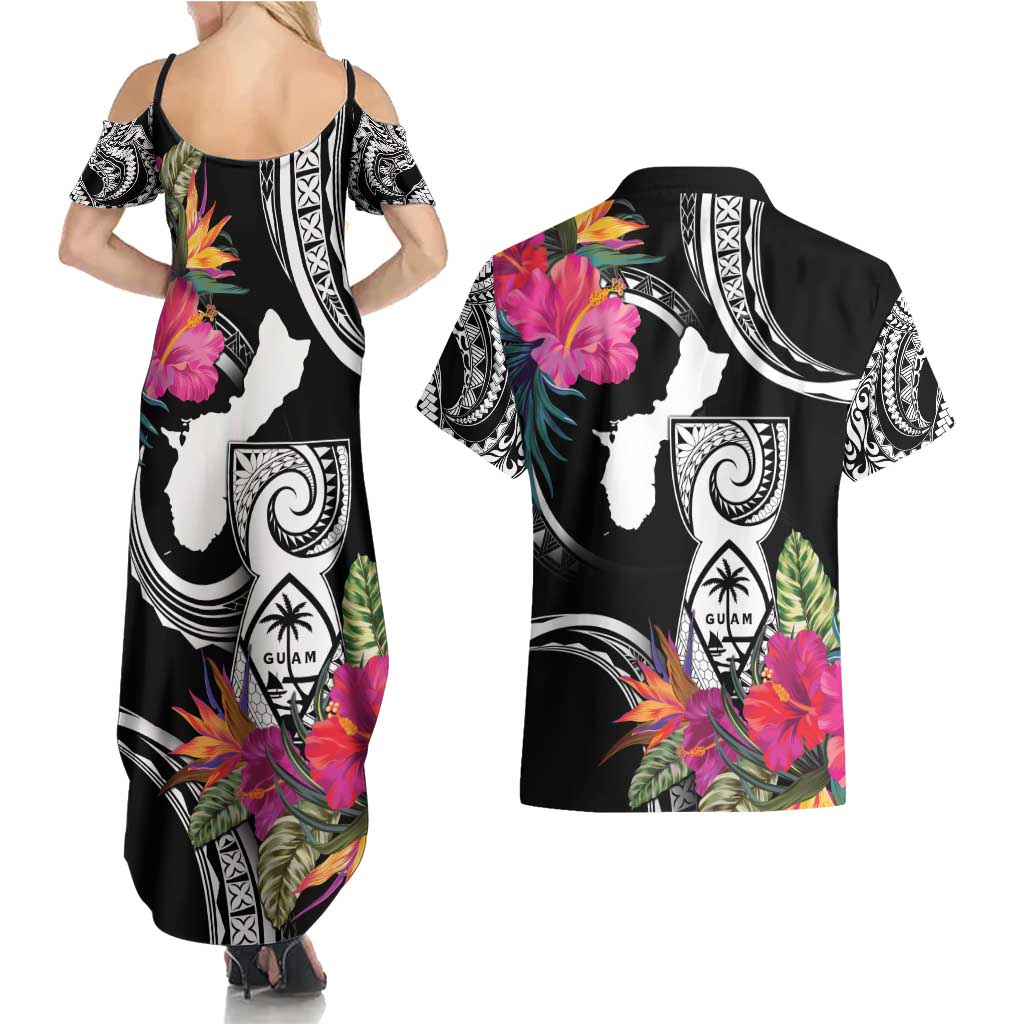 Hafa Adai Guam Couples Matching Summer Maxi Dress and Hawaiian Shirt Polynesian Tattoo Tropical Flowers LT05 - Polynesian Pride