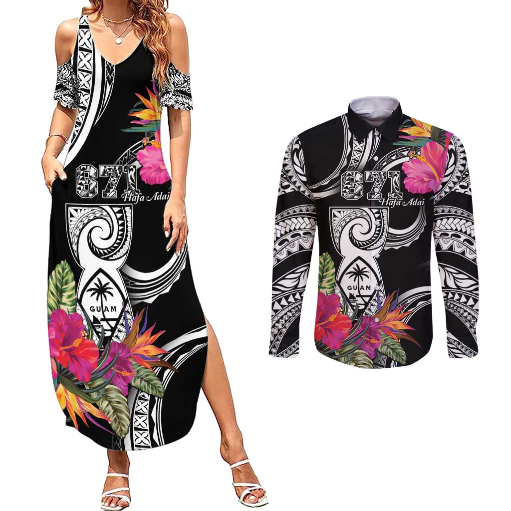 Hafa Adai Guam Couples Matching Summer Maxi Dress and Long Sleeve Button Shirt Polynesian Tattoo Tropical Flowers LT05 Black - Polynesian Pride