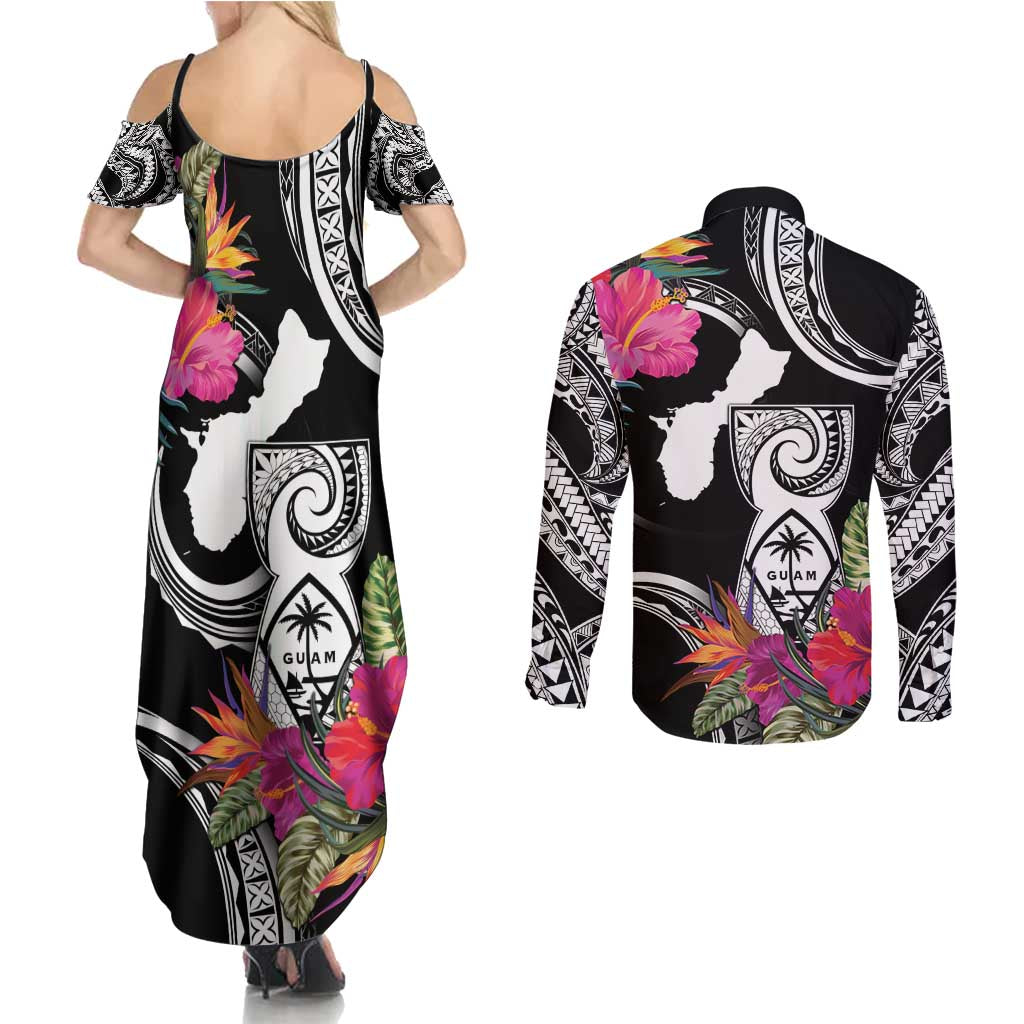 Hafa Adai Guam Couples Matching Summer Maxi Dress and Long Sleeve Button Shirt Polynesian Tattoo Tropical Flowers LT05 - Polynesian Pride