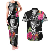 Hafa Adai Guam Couples Matching Tank Maxi Dress and Hawaiian Shirt Polynesian Tattoo Tropical Flowers LT05 Black - Polynesian Pride