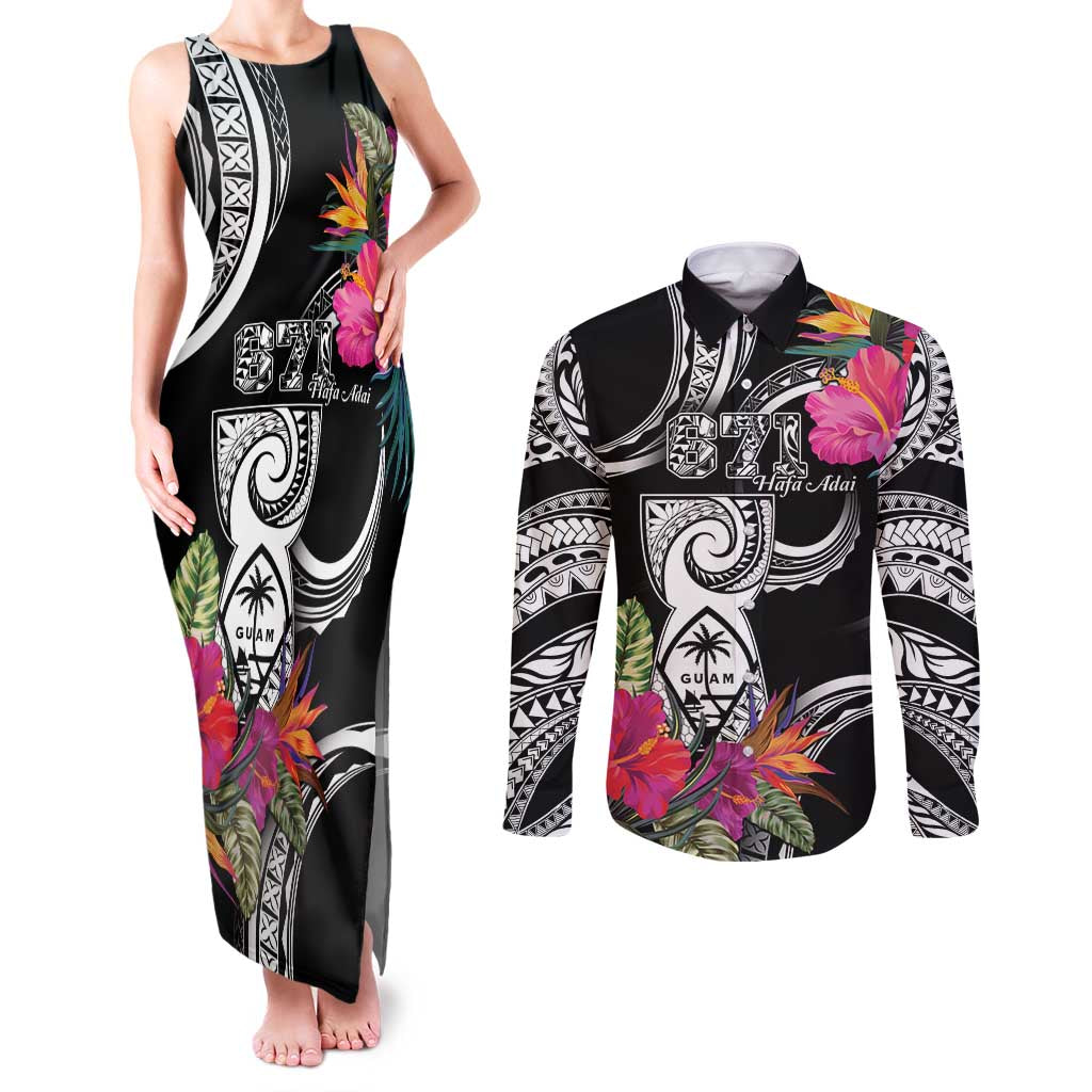 Hafa Adai Guam Couples Matching Tank Maxi Dress and Long Sleeve Button Shirt Polynesian Tattoo Tropical Flowers LT05 Black - Polynesian Pride