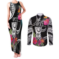 Hafa Adai Guam Couples Matching Tank Maxi Dress and Long Sleeve Button Shirt Polynesian Tattoo Tropical Flowers LT05 Black - Polynesian Pride