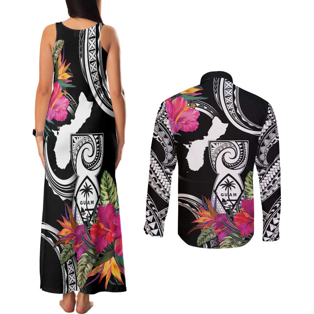 Hafa Adai Guam Couples Matching Tank Maxi Dress and Long Sleeve Button Shirt Polynesian Tattoo Tropical Flowers LT05 - Polynesian Pride