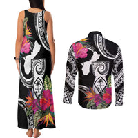 Hafa Adai Guam Couples Matching Tank Maxi Dress and Long Sleeve Button Shirt Polynesian Tattoo Tropical Flowers LT05 - Polynesian Pride