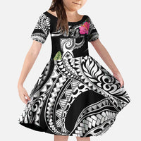 Hafa Adai Guam Family Matching Long Sleeve Bodycon Dress and Hawaiian Shirt Polynesian Tattoo Tropical Flowers LT05 Daughter's Dress Black - Polynesian Pride