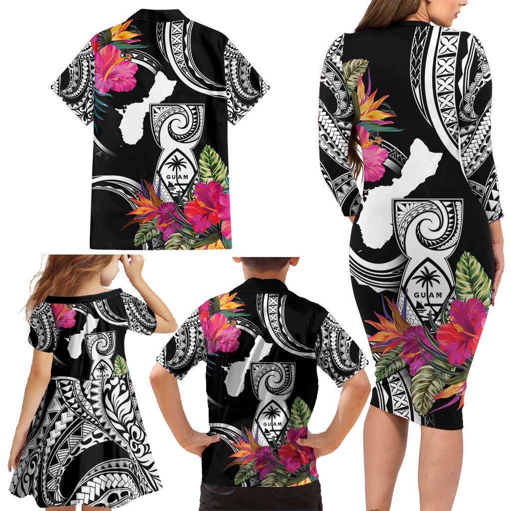 Hafa Adai Guam Family Matching Long Sleeve Bodycon Dress and Hawaiian Shirt Polynesian Tattoo Tropical Flowers LT05 - Polynesian Pride