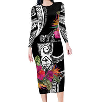 Hafa Adai Guam Family Matching Long Sleeve Bodycon Dress and Hawaiian Shirt Polynesian Tattoo Tropical Flowers LT05 Mom's Dress Black - Polynesian Pride