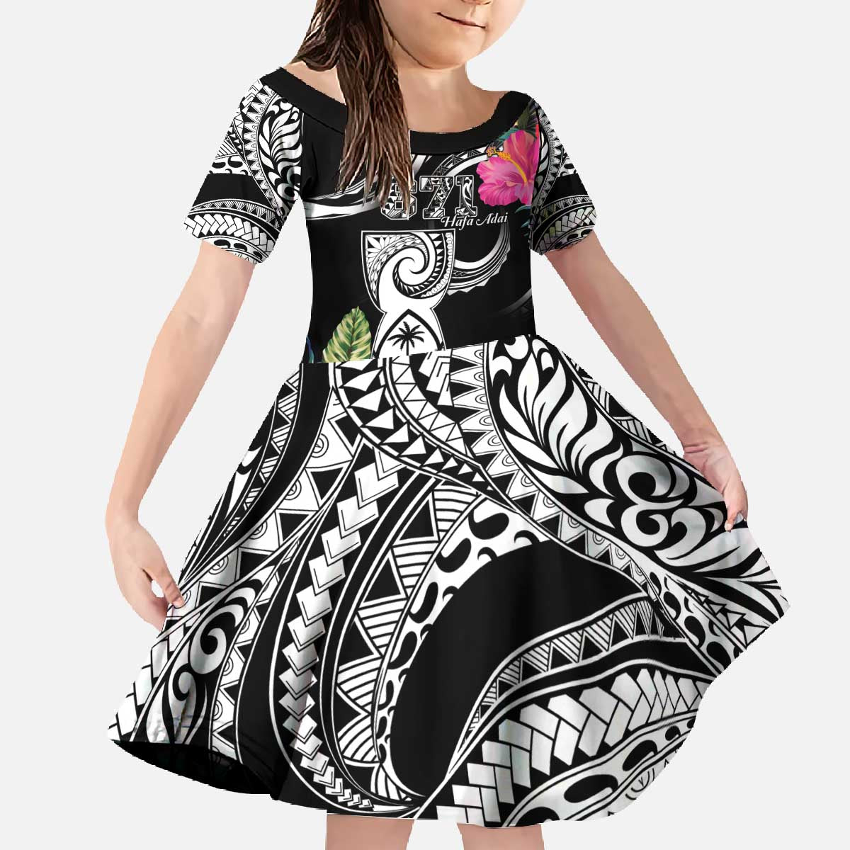 Hafa Adai Guam Family Matching Off The Shoulder Long Sleeve Dress and Hawaiian Shirt Polynesian Tattoo Tropical Flowers LT05 Daughter's Dress Black - Polynesian Pride