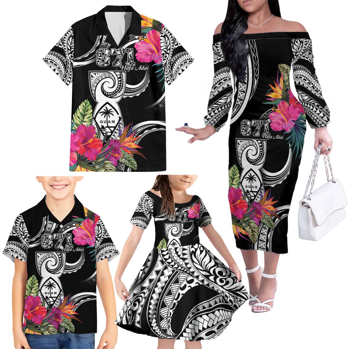 Hafa Adai Guam Family Matching Off The Shoulder Long Sleeve Dress and Hawaiian Shirt Polynesian Tattoo Tropical Flowers LT05 - Polynesian Pride