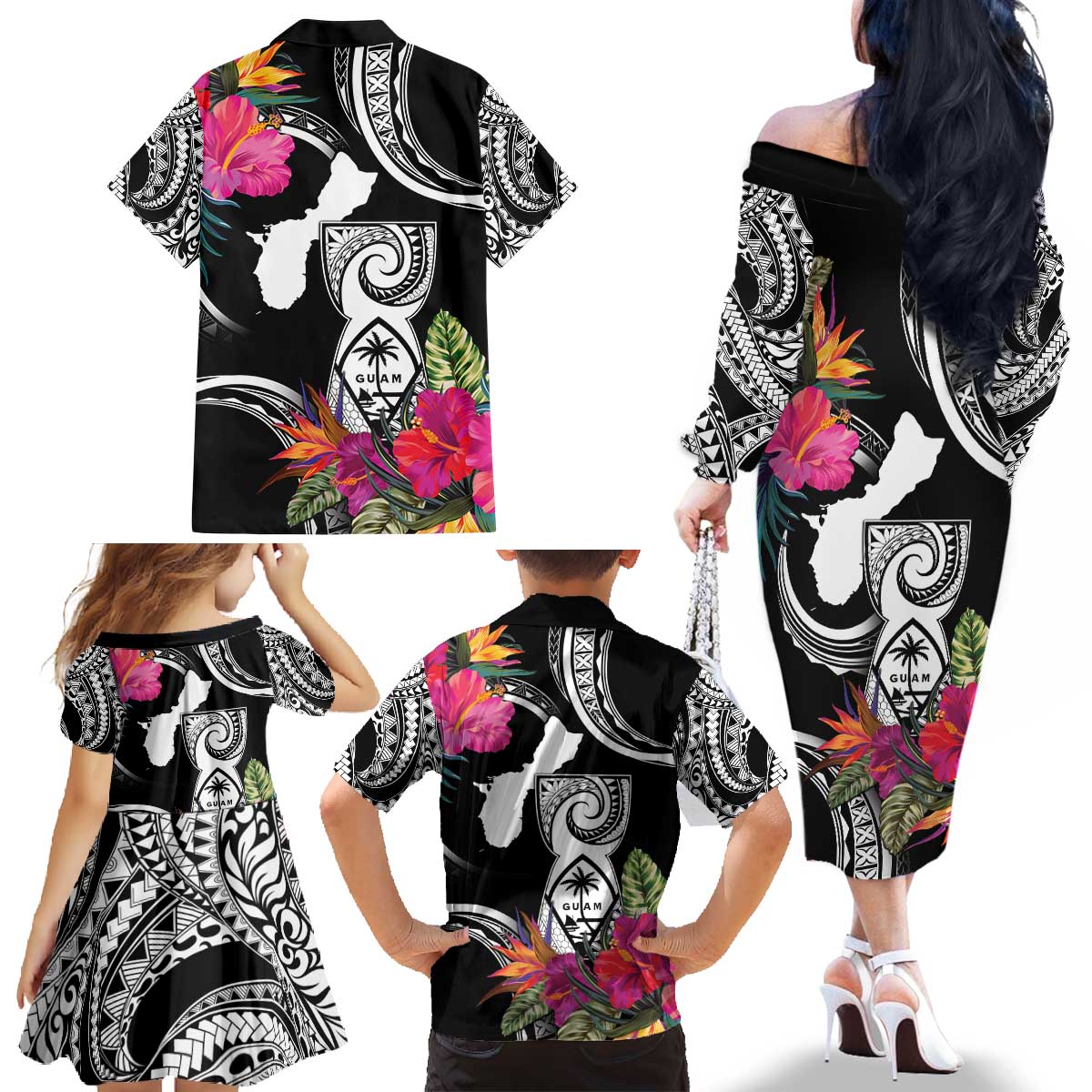 Hafa Adai Guam Family Matching Off The Shoulder Long Sleeve Dress and Hawaiian Shirt Polynesian Tattoo Tropical Flowers LT05 - Polynesian Pride