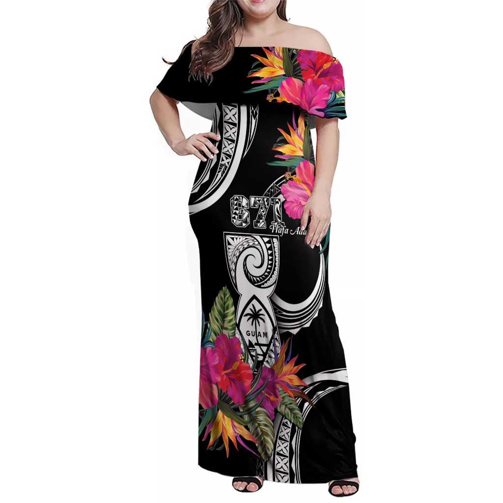 Hafa Adai Guam Family Matching Off Shoulder Maxi Dress and Hawaiian Shirt Polynesian Tattoo Tropical Flowers LT05 Mom's Dress Black - Polynesian Pride