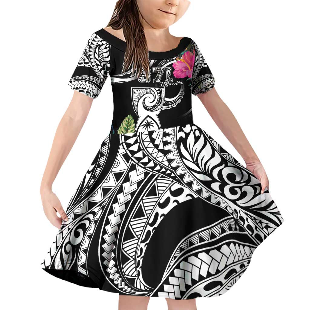 Hafa Adai Guam Family Matching Off Shoulder Short Dress and Hawaiian Shirt Polynesian Tattoo Tropical Flowers LT05 Daughter's Dress Black - Polynesian Pride